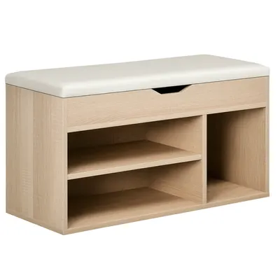 HOMCOM Bancă pentru Pantofi cu 3 Compartimente, Spațiu Ascuns și Șezut din Piele PU, 80x30x43 cm, Lemn Natural | Aosom Romania