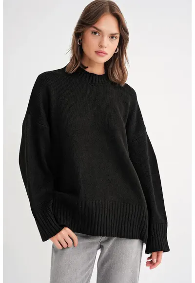Pulover dama - tricotat - supradimensionat - guler rotund - negru - textil