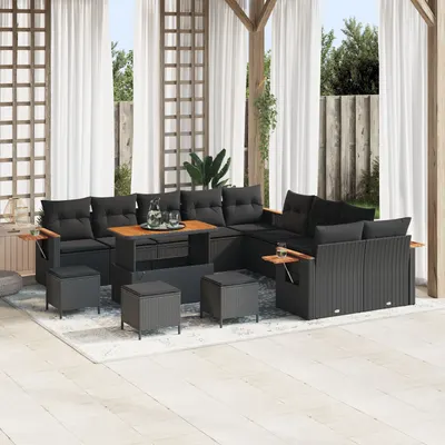 Gossi set de canapea de gradina cu perne 13 piese negru ratan poli acacia, Gossi set de dining pentru gradina cu perne 3 piese negru ratan poli acacia
