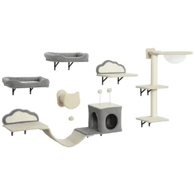 PawHut Etajere murale pentru pisici set mobilier de perete 6 piese hamac cu bulă acrilică cușcă hamac scară bej | Aosom Romania