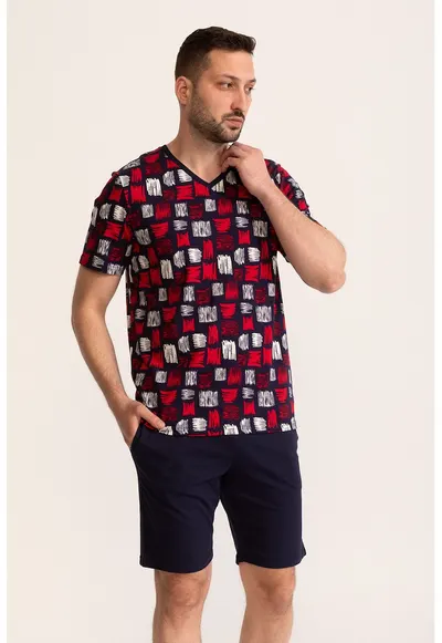 Pijama cu decolteu in V si pantaloni scurti Noah - Rosu/Bleumarin