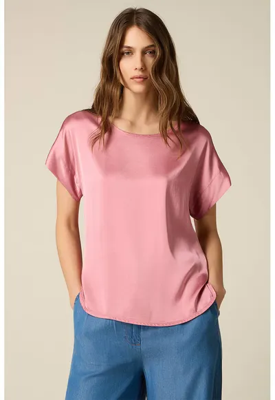 Bluza de satin cu maneci scurte - Roz