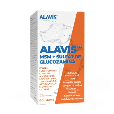 ALAVIS MSM + Sulfat de Glucozamina, supliment sistem articular câini, comprimate ALAVIS MSM + Sulfat de Glucozamina, XS-XL, supliment sistem articular câini, flacon, 60 comprimate