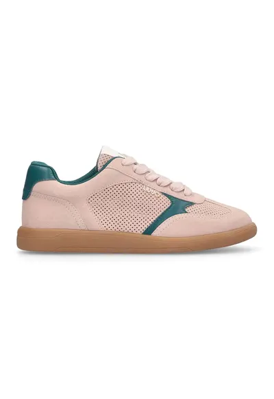 Pantofi sport de piele intoarsa si model perforat - Verde englez/Caramel/Roz prafuit
