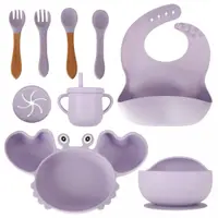Set complet de hranire copii Ikonka, cu 9 piese din silicon, pentru diversificare hrana, Purple Crab