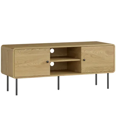 HOMCOM Comodă TV, suport TV până la 139,7 cm cu 2 uși, 2 compartimente deschise, picioare din oțel, 120x40x50cm, stejar | Aosom Romania