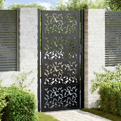 vidaXL Poartă de grădină neagră 100x200 cm, model frunze de oțel