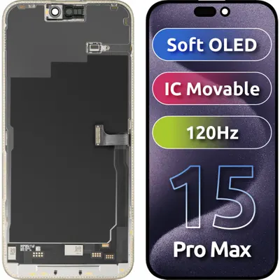 Display cu Touchscreen MP compatibil cu Apple iPhone 15 Pro Max, cu Rama, Versiune Soft OLED FHD 120Hz IC Movable, Negru