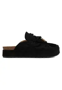 Papuci flatform - franjuri - negru - textil