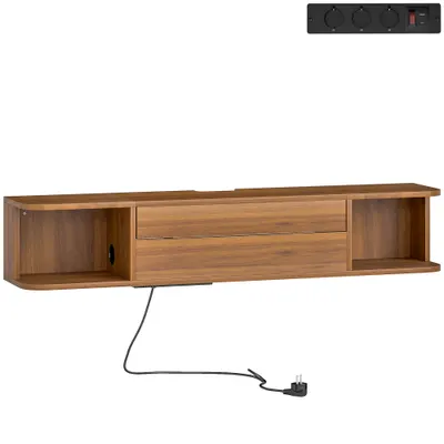 HOMCOM Suport TV suspendat până la 50" cu prize de curent, USB și tip C, sertar și rafturi, 120x24x22.4 cm, Nuc | Aosom Romania