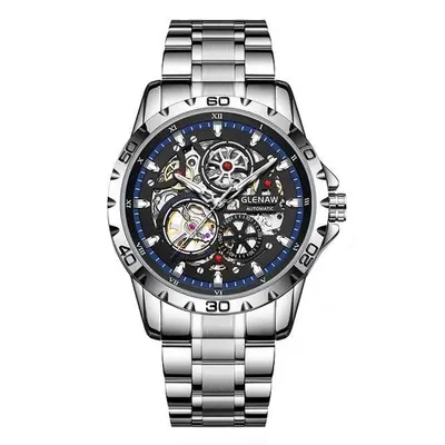 Ceas Automatic Skeleton Glenaw Silver Blue - Mecanic, Cadran Transparent, Luminous, Waterproof 3ATM, Brățară Oțel, 43mm