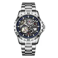 Ceas Automatic Skeleton Glenaw Silver Blue - Mecanic, Cadran Transparent, Luminous, Waterproof 3ATM, Brățară Oțel, 43mm