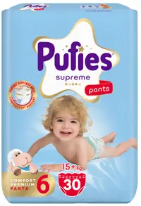 Scutece pantalonași Pufies Supreme - Mărimea 6 Extra Large, 30 bucăți, 15+ kg, Value Pack