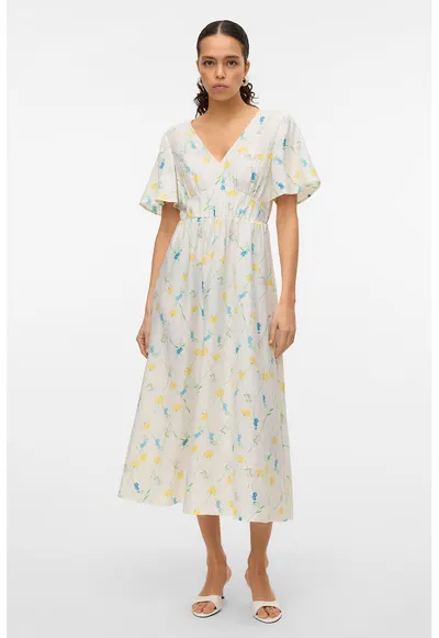 Rochie maxi cu decolteu in V - Alb/Galben/Albastru lavanda