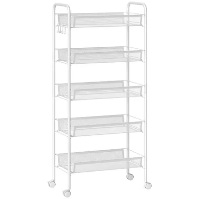 HOMCOM Cărucior de Bucătărie Economisitor de Spațiu cu 5 Nivele și Coșuri de Plasă, 45x26.5x106 cm, Alb | Aosom Romania