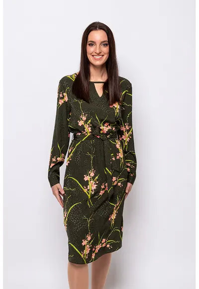 Rochie cu imprimeu floral si cordon in talie Vebona - Verde/Roz deschis