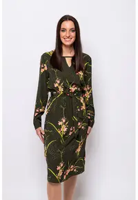 Rochie cu imprimeu floral si cordon in talie Vebona - Verde/Roz deschis