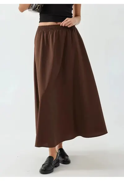 Fusta midi talie elastica - maro cafeniu
