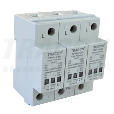 Descarcator de supratensiuni,AC/DC,clasa1+2,unitar cu soclul TTV1+2-80-3P 230/400 V, 50 Hz, 8 kA (10/350 us) 40/80 kA (8/20 us), 3P