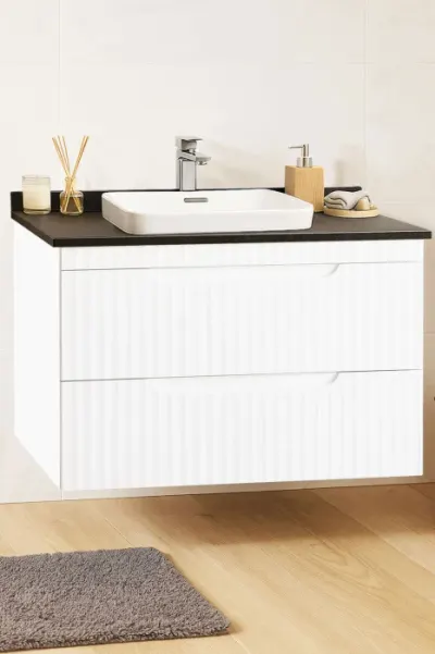 Set Baza front MDF si Lavoar seria 633, suspendata, cu sertare, montat, 80 cm, alb rustic