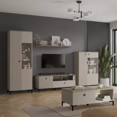 Set Living DOMINICA, 5 piese, 2 vitrine, comoda TV, masuta de cafea, raft suspendat, taupe + stejar silverjack, 290x41x199 cm