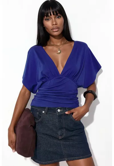 Bluza dama - slim fit - decolteu in V - albastru cobalt - viscoza cu elastan