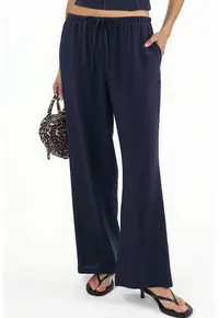 Pantaloni dama - picior larg - albastru marin - poliester - croiala relaxata