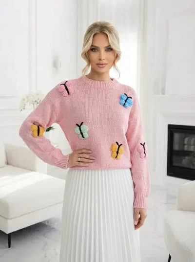 Pulover roz cu fluturi colorati 3D