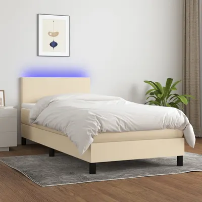 vidaXL Pat cu arcuri, saltea și LED, crem, 100x200 cm, textil
