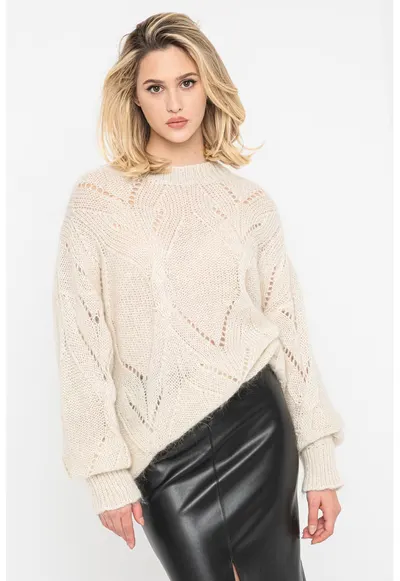 Pulover din amestec de mohair - Alb fildes