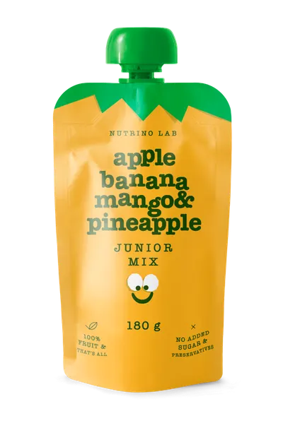 Piure pasteurizat din fructe cu mere banane mango si ananas Junior Mix, 180g, Nutrino Lab