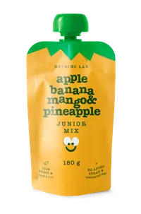 Piure pasteurizat din fructe cu mere banane mango si ananas Junior Mix, 180g, Nutrino Lab