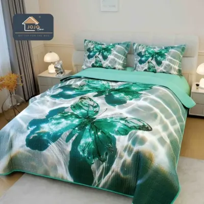 Cuvertura Matlasata, Bumbac Finet, cu Imprimeu 5D, 220x240cm + 2 fete de perna 50x70cm, Gri, Menta, Fluturi