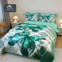 Cuvertura Matlasata, Bumbac Finet, cu Imprimeu 5D, 220x240cm + 2 fete de perna 50x70cm, Gri, Menta, Fluturi