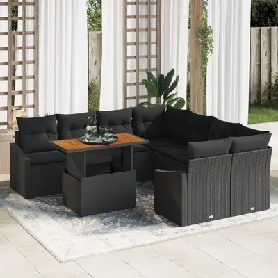 Gossi set de canapea de gradina cu 9 piese si perne, negru, poliratan