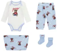 Set de 4 piese Guess - Body, pantaloni, șosete și neceser, albastru, 6-9 luni