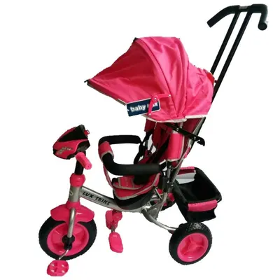Tricicleta pentru copii Baby Mix Lux Trike Pink multifunctionala, cu sunete, lumini, spatar reglabil, centura de siguranta, suport picioare si copertina