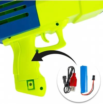 Pistol generator baloane de sapun pentru copii Malplay, cu 132 de orificii , 2 sticlute cu lichid incluse, incarcare USB