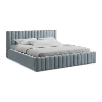 Pat matrimonial albastru deschis tapițat cu spațiu de depozitare cu somieră 180x200 cm Lemi – Makamii