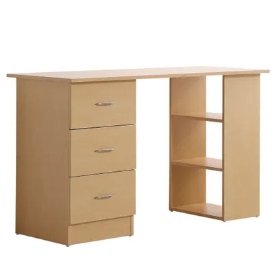 Homcom Birou modern cu 3 Sertare si Rafturi in Lemn Natural 120x49x72cm
