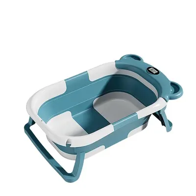 Cadita bebelusi ultrapliabila Little Mom Bear Green, cu pernuta moale detasabila, termometru incorporat, display digital,suport cap de dus, sistem de agatare, dop pentru evacuarea apei, material non-toxic