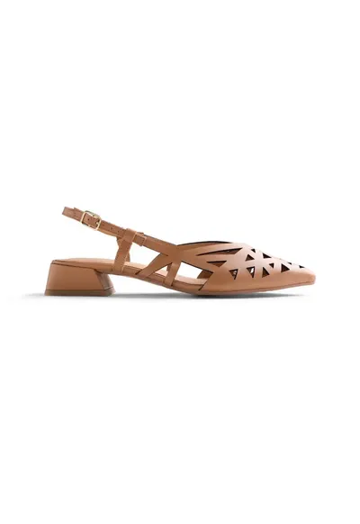 Pantofi slingback de piele cu toc si aspect perforat - Maro camel