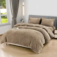 Lenjerie de Pat Dublu, CoCoLiNo Ultra Pufoasa, 4 piese, Cearsaf cu ELASTIC, Model Traditional 3D, Bej inhis