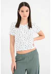 Tricou crop din amestec de bumbac organic cu imprimeu - Alb/Verde/Albastru