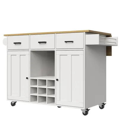 Cărucior de bucătărie cu blat rabatabil, 3 sertare, 2 uși, compartiment pentru vin și suport pentru prosoape, 124x40/65x91,5 cm, Alb