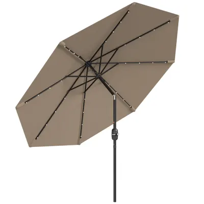 Umbrelă de grădină Ø265 cm cu 32 LED-uri solare, manivelă și tijă din oțel pentru patio terasă Outsunny, kaki | Aosom Romania