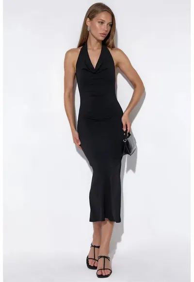 Rochie Maxi Neagra - Jerseu de Lycra - Fara Maneci - Drapaj