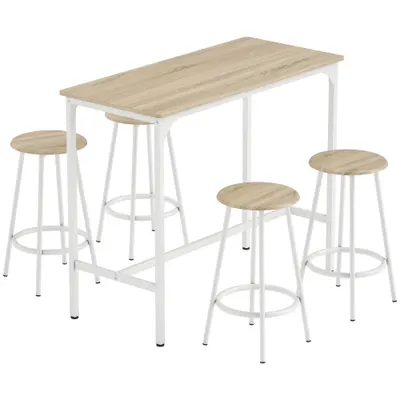 HOMCOM Set de Dining 5 Piese cu Bar 110x50x89,5 cm și Scaune Ø30x60,5 cm din Lemn și Metal Nuanță Lemn | Aosom Romania