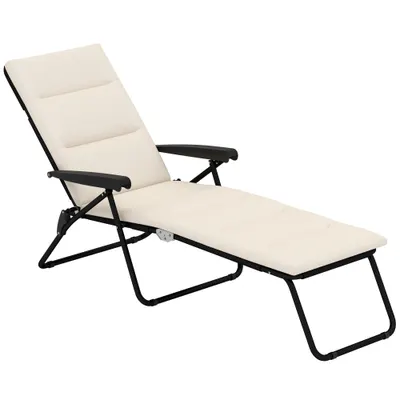 Outsunny Șezlong pliabil reglabil 6 poziții cu saltea + cotiere oțel/poliester 153 x 58,5 x 89 cm crem | Aosom Romania