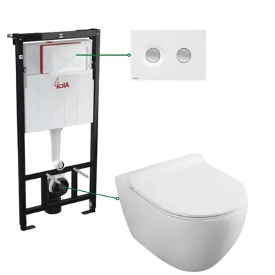 Set vas wc rimless cu capac soft close Fluminia Minerva, rezervor incastrat si clapeta alb crom mat Alcadrain M1976-2